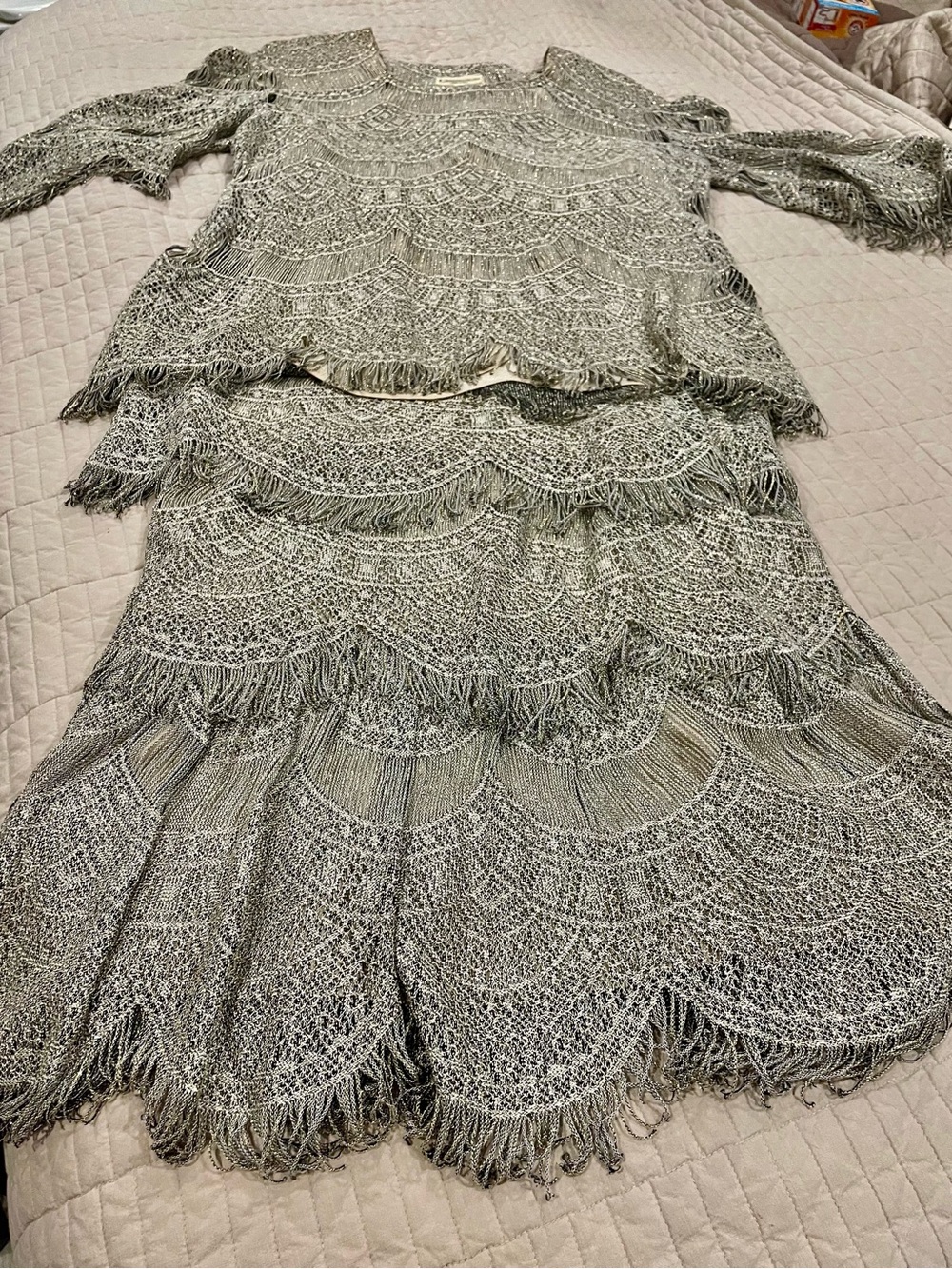 Fringed Lace Crochet shirt and skirt in champagne/silver/black shimmering knit
